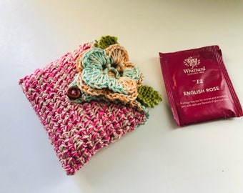 Crocheted Tea Travel Purse / Tea Bag Holder / Tea Bag Wallet in Pure Cotton -  Toscana Ceithir (OOAK)