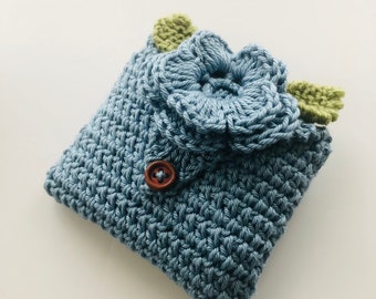 Crocheted Tea Travel Purse  / Tea Purse / Tea bag Holder / Tea Wallet - in Pure Cotton - Denim Blue