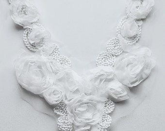 Chiffon Rose Lace Collar Trim Appliqué White 3D Bridal Wedding Camellia Ruffled Flower FREE Combine Shipping US LA049