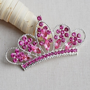 May include: A silver crown with pink rhinestones. The crown has a pointed top and a rounded bottom. It is decorated with a floral design.