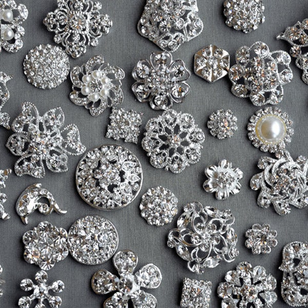 SALE 50 Assorted Rhinestone Button Brooch Embellishment Pearl Crystal Wedding Brooch Bouquet Invitation Cake Hair Comb BT549