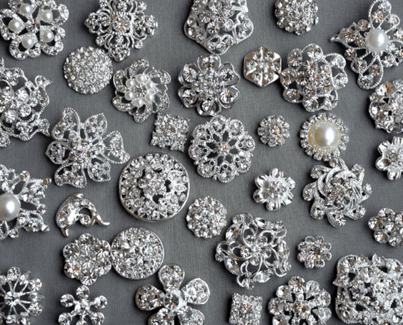 SALE 100 Assorted Rhinestone Button Brooch Embellishment Pearl Crystal Wedding Brooch Bouquet Invitation Cake Hair Comb BT575 image 1