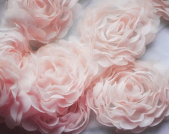 1 Yard Chiffon Rose Lace Trim Appliqué Peach Pink 3D Bridal Wedding Camellia Ruffled Flower LA017