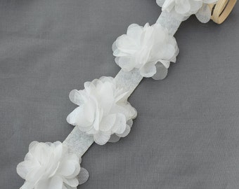 1 Yard 14 pcs White Chiffon Rose Lace Trim Shabby Flower Lace Chiffon Flower Lace Felt Pad Bridal Garter Baby Headband LA114