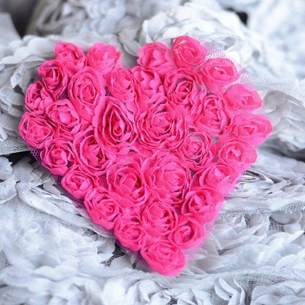 4 Fuchsia Hot Pink 4.5" Shabby Chic Chiffon Rosette Flower Heart Applique Chiffon Rose Heart Lace Trim Wedding Craft LA041