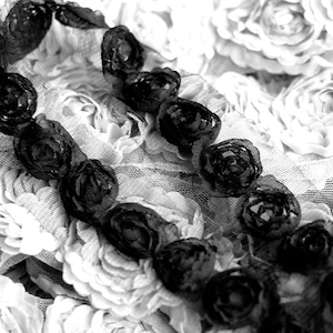 May include: Black lace trim with a row of black fabric roses. The trim is on top of a white fabric background with white fabric roses.