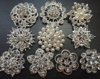 10 pcs Assorted Rhinestone Button Brooch Embellishment Pearl Crystal Button Wedding Brooch Bouquet Cake Hair Comb DIY BT165