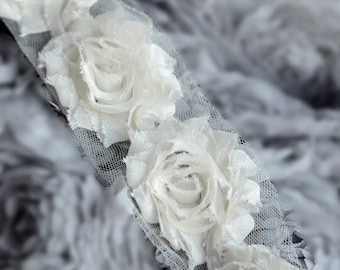 1 Yard Shabby Rose Trim 14 Shabby Flower Shabby Frayed Chiffon Flowers Ivory Wedding Bridal Hair Accessory Headband LA068