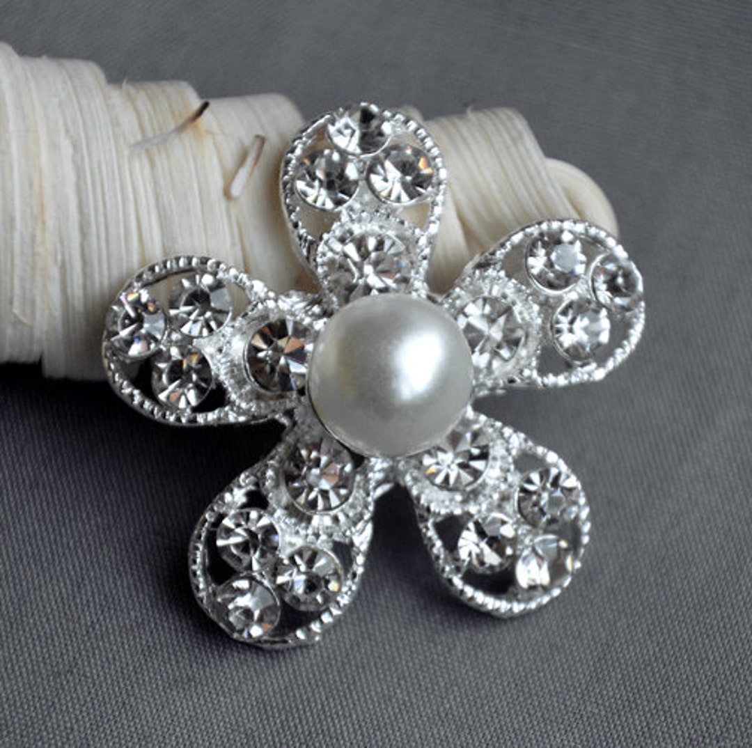 5 Large Rhinestone Button Embellishment Pearl Crystal Wedding Brooch ...