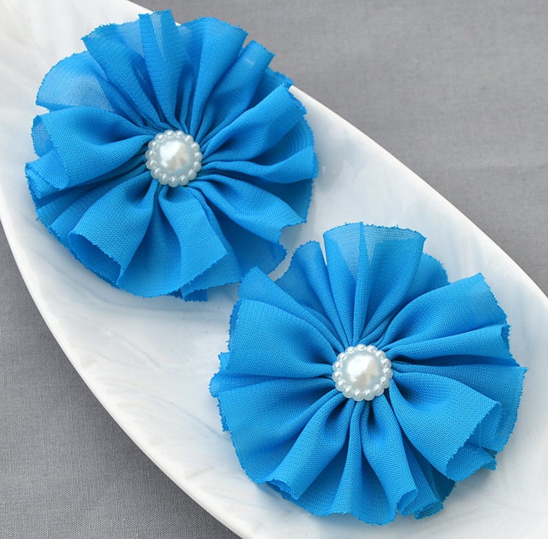 20 pcs Turquoise Blue Chiffon Flower Soft Fabric Silk Pearl Ballerina Twirl Flower Bridal Wedding Garter Baby Hair Headband SF1520 pcs image 1