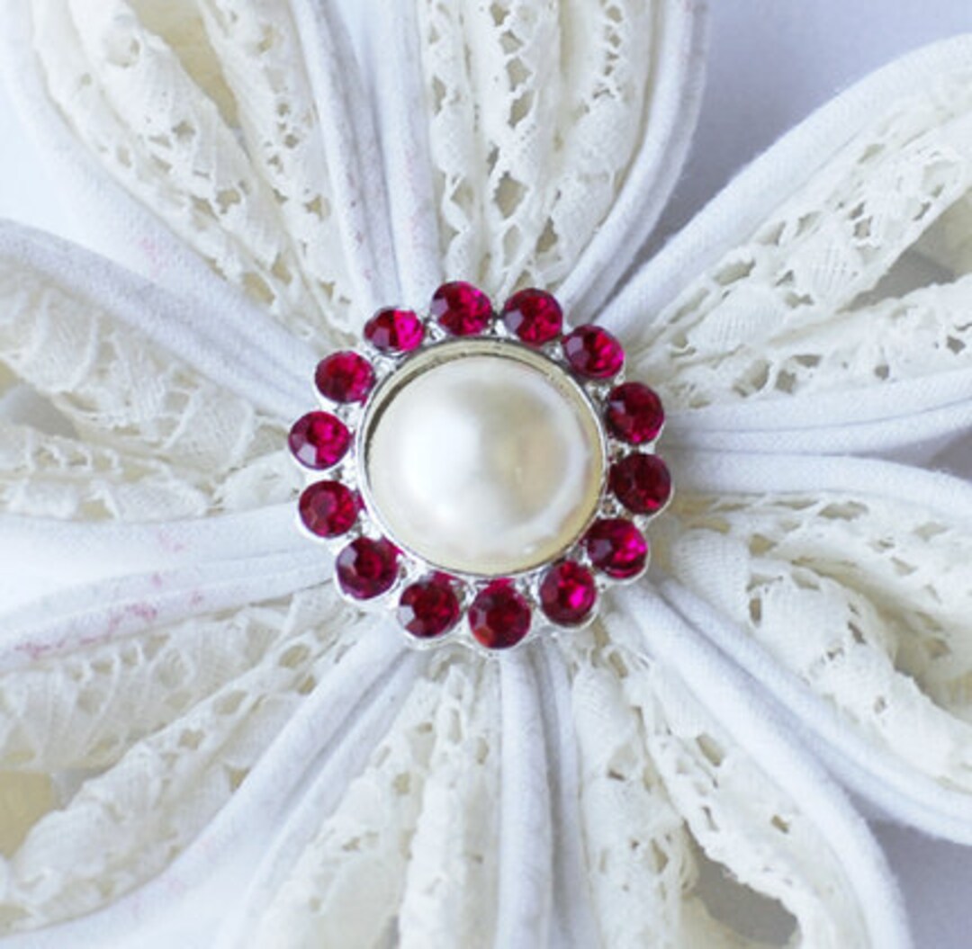 10 Rhinestone Buttons Round Pearl Fuchsia Hot Pink Crystal Hair