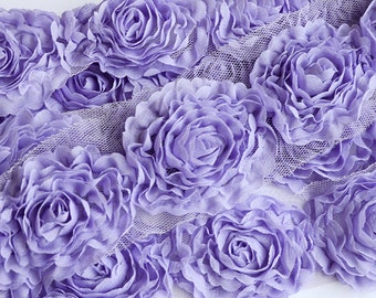 1 Yard Chiffon Rose Lace Trim Appliqué Lavender Light Purple Bridal Wedding Camellia Ruffle Flower 3D LA018