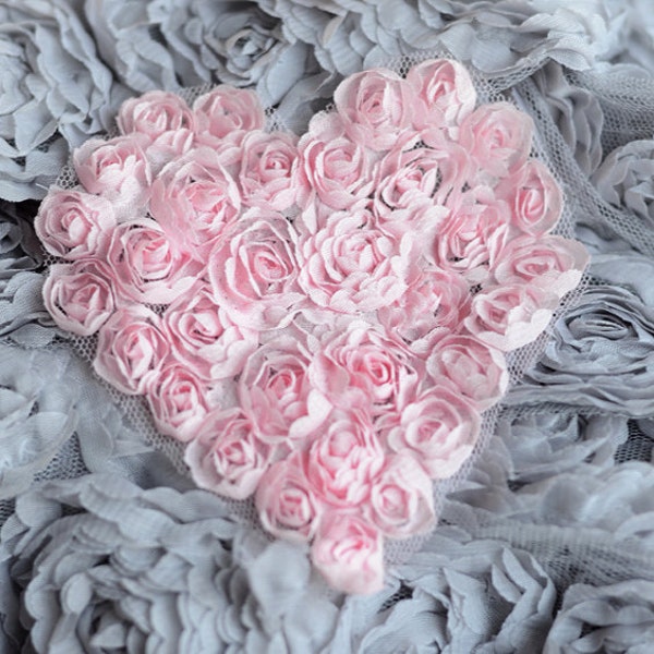 4 Light Pink 4.5" Shabby Chic Chiffon Rosette Flower Heart Applique Chiffon Rose Heart Lace Trim Wedding Craft DIY LA040