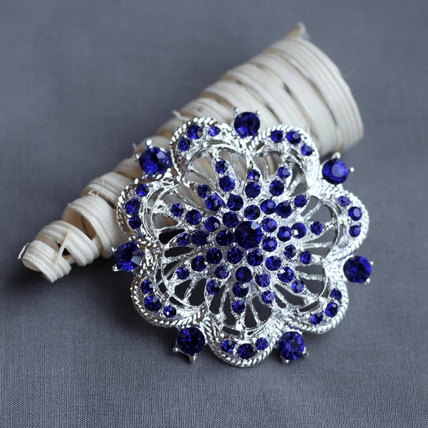 SALE Rhinestone Brooch Pin Crystal Dark Royal Blue Flower Hair Comb Shoe Clip Pin Wedding Cake Decoration DIY Supply BR152