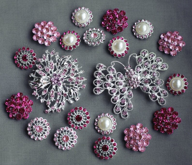 20 Pink Rhinestone Button Brooch Assorted Embellishment Pearl | Etsy