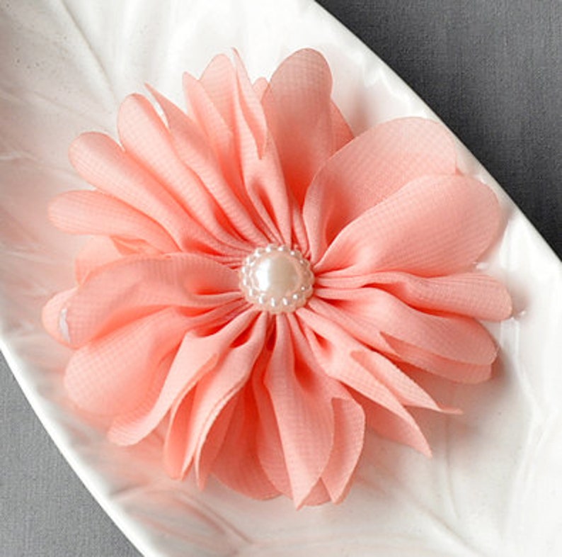 20 pcs Peach Pink Chiffon Flower Soft Fabric Silk Pearl Ballerina Twirl Flower Bridal Wedding Baby Hair Comb Pin Headband SF185 image 1
