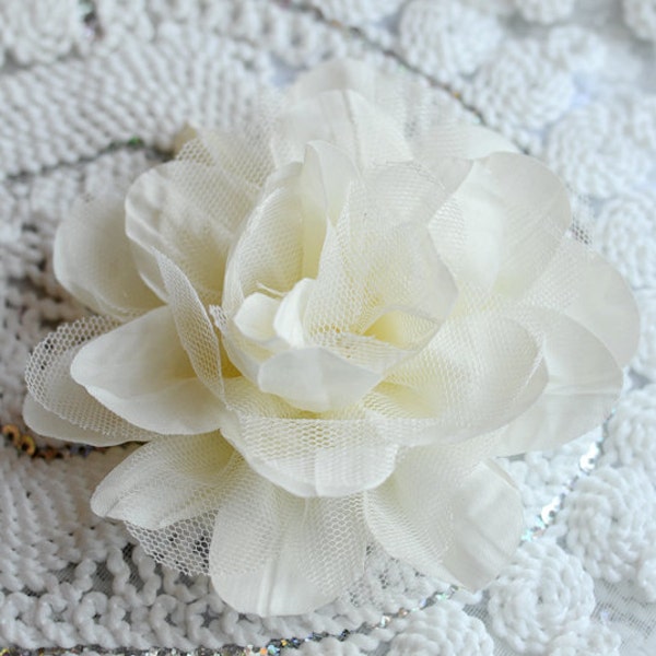 20 pcs Chiffon Chic Rose Cotton Tulle Flower 5" Ivory Cream Silk Bridal Wedding Baby Hair Comb FREE Combine Shipping SF017