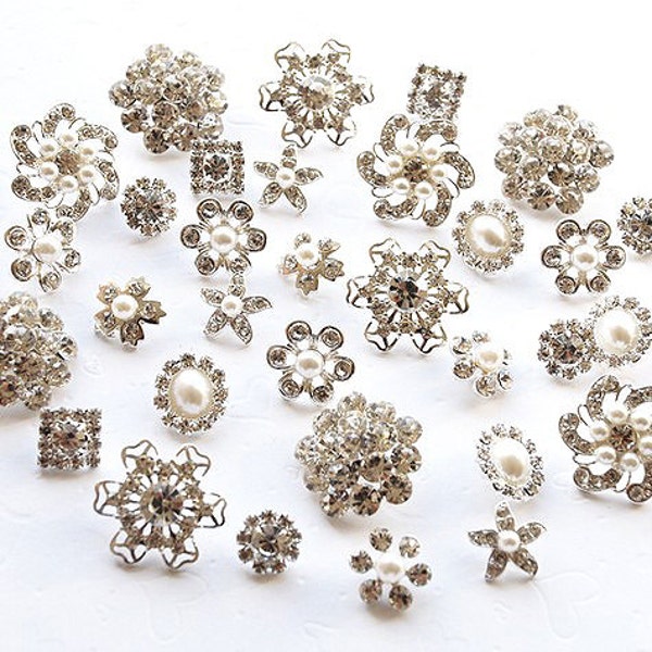 20 Rhinestone Buttons Assorted Starfish Round Circle Oval Square Pearl Crystal Hair Flower Comb Clip Wedding Invitation BT098