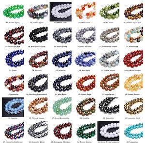 May include: A collection of 36 different types of gemstone beads, each displayed in a row of 10 beads. The beads are all round and smooth, and they come in a variety of colors, including green, blue, red, yellow, brown, black, white, and gray.