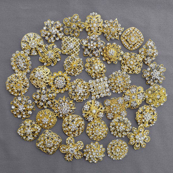 40 pcs Gold Rhinestone Brooch Crystal Brooch Wedding Invitation Cake Decoration Brooch Bouquet Kit Wholesale Lot BR664