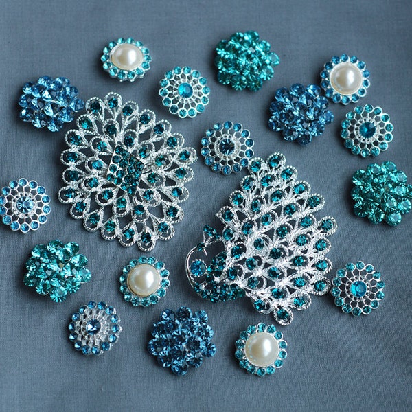 20 Blue Rhinestone Button Brooch Assorted Pearl Crystal Brooch Bouquet Wedding Accessories Dark Royal Teal Blue Aqua Blue BT138