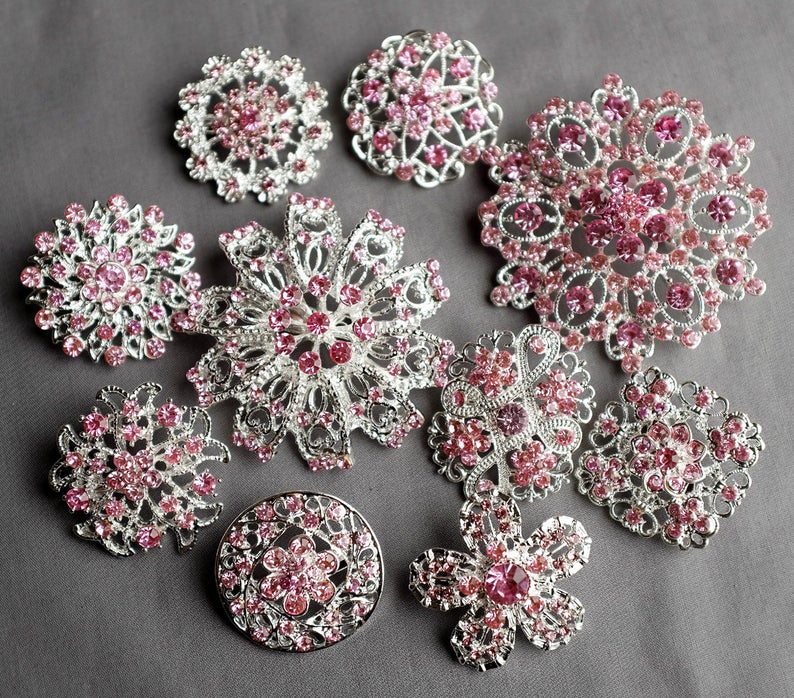 10 pcs Assorted Rose Pink Light Pink Rhinestone Brooch Crystal Brooch Wedding Brooch Bouquet Bridal Bouquet DIY Kit BT980 image 1