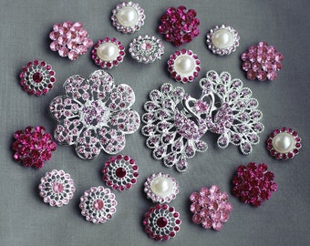 20 Pink Rhinestone Button Brooch Assorted Embellishment Pearl Crystal Brooch Bouquet Supply Light Rose Fuchsia Hot Pink BT152