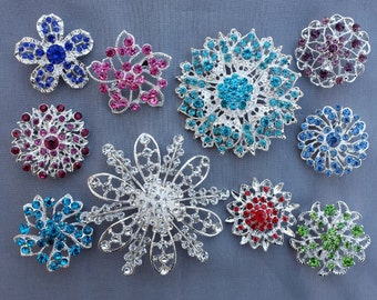 10 Assorted Color Rhinestone Brooch Crystal Brooch Teal Turquoise Blue Fuchsia Pink Lavender Purple Red Green DIY Supply BT995