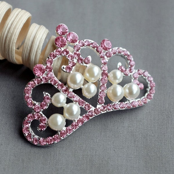 Rhinestone Button Embellishment Pink Crystal Pearl TIARA CROWN Bridal Wedding Brooch Bouquet Hair Comb Girl Headband BT572 BT