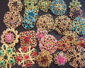 24 pcs vintage style wholesale lot crystal rhinestone mixed color brooch bridal wedding bouquet decoration DIY kit gold BR676