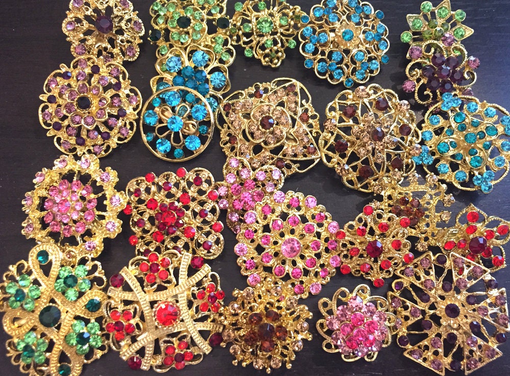 24 pcs vintage style wholesale lot crystal rhinestone mixed color brooch bridal wedding bouquet decoration DIY kit gold BR676