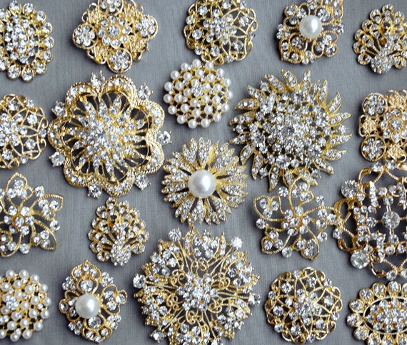 10pcs Rhinestone Crystal Button Pearl Brooch Embellishment Rose Gold 