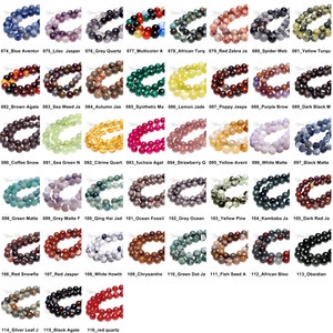 May include: Assortment of 116 different types of round gemstone beads. Each bead is approximately 8mm in diameter. The beads are arranged in rows of 12, with each row representing a different type of gemstone. The beads are all natural and come in a variety of colors, including red, green, blue, yellow, brown, black, white, and purple.