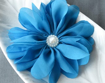 20 pcs Turquoise Blue Pearl Ballerina Twirl Flower Chiffon Flower Soft Fabric Silk Bridal Wedding Garter Baby Headband SF179