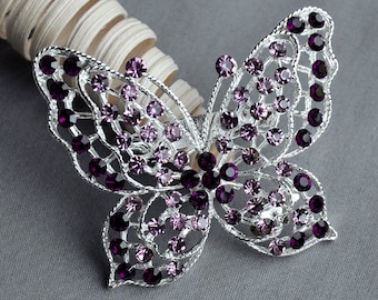 Butterfly Amethyst Purple Rhinestone Brooch Crystal Wedding Bridal Button Brooch Bouquet Invitation Cake Hair Comb Pin BR310