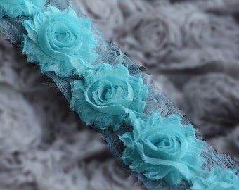 5 Yard Shabby Rose Trim 70 Shabby Flowers Shabby Frayed Chiffon Flowers Aqua Blue Wedding Bridal Hair Accessory Headband LA073