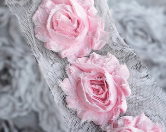 1/2 Yard Shabby Rose Trim Shabby Frayed Chiffon Flowers Lace Applique Light Pink Wedding Bridal Hair Accessory Headband LA066