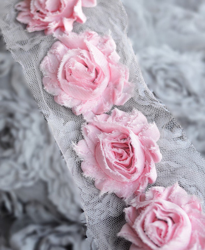 Rose Pink Chiffon Rosette Frayed Mesh Lace Trim - 1 Yard With 15 Large Flowers - Craft