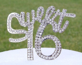 Sweet 16 Cake Topper - Crystal Rhinestone Silver Sweet Sixteen Birthday Cake Top Gift 16th Party Anniversary Centerpieces CT162