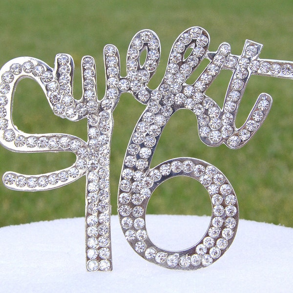 Sweet 16 Cake Topper - Crystal Rhinestone Silver Sweet Sixteen Birthday Cake Top Gift 16th Party Anniversary Centerpieces CT162