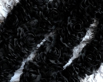 1 Yard Chiffon Rose Lace Trim Appliqué Black Bridal Wedding Camellia Ruffled Flower Hair Comb 3D LA021
