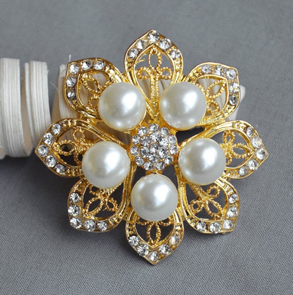 Rhinestone Brooch Embellishment Crystal Pearl Gold Wedding Etsy