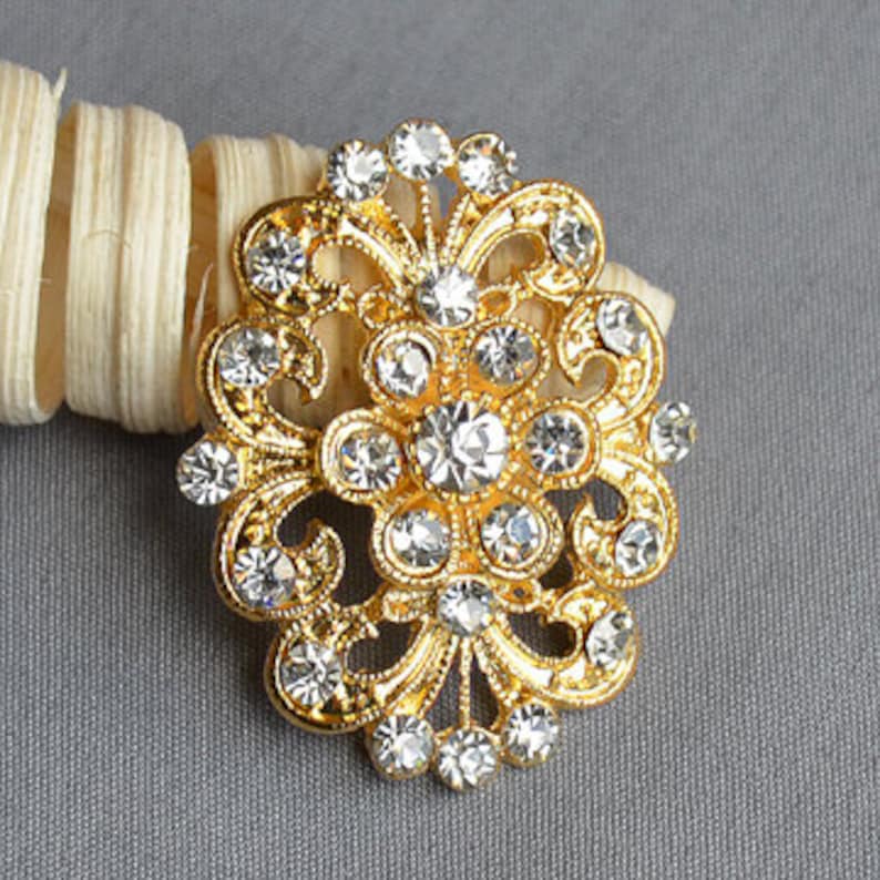 5 Rhinestone Button Brooch Gold Embellishment Crystal Wedding Etsy
