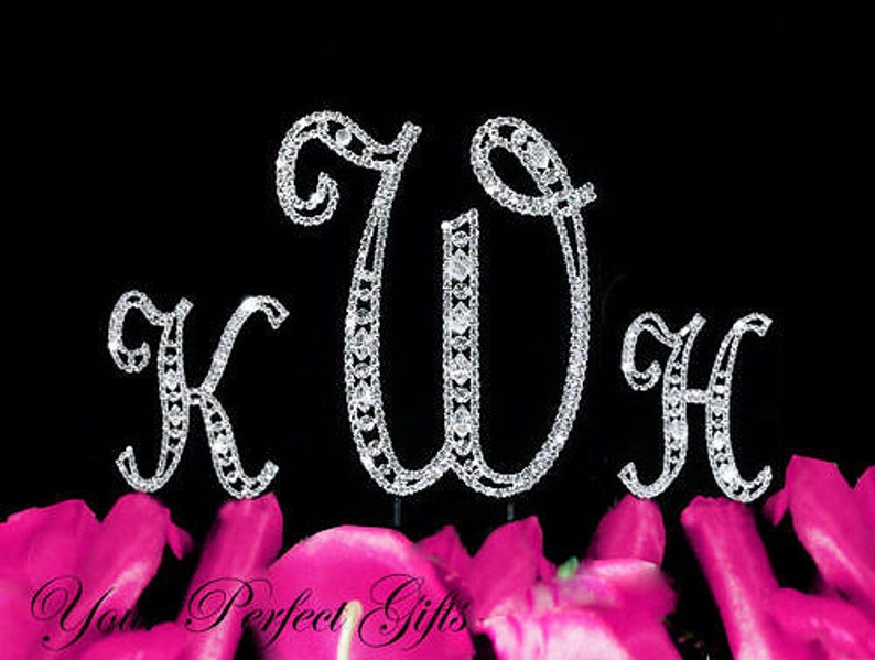 Rhinestone Crystal Monogram Wedding Cake Topper Initial Letter Silver Birthday Anniversary Silver Cake Top CT071 image 4