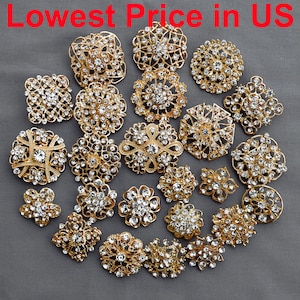 24 pcs Gold Rhinestone Brooch Crystal Brooches Wedding Invitation Cake Decoration Brooch Bouquet Kit Wholesale Lot BR680