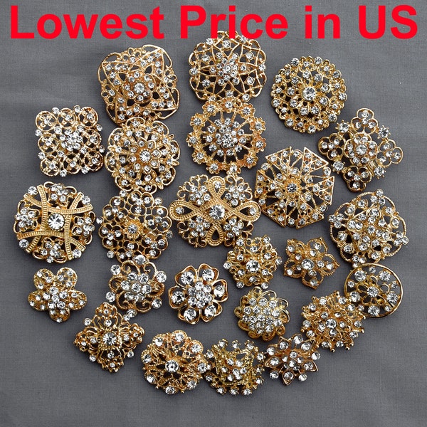 24 pcs Gold Rhinestone Brooch Crystal Brooches Wedding Invitation Cake Decoration Brooch Bouquet Kit Wholesale Lot BR680