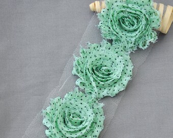 1 Yard 14 pcs Mint Green Black Polka Dot Shabby Flowers Shabby Rose Trim Printed Shabby Flower Chiffon Rose Trim Headband LA111