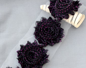 1 Yard 14 pcs Black Fuchsia Hot Pink Polka Dot Shabby Flowers Shabby Rose Trim Printed Shabby Flowers Chiffon Rose Trim LA119