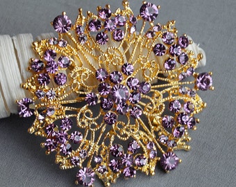 Amethyst Purple Rhinestone Brooch Crystal Wedding Bridal Button Brooch Bouquet Invitation Cake Hair Comb Shoe Clip Gold BR240