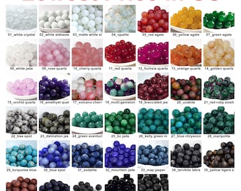 May include: A chart displaying 40 different types of beads, each with a unique colour and pattern. The beads are labelled with their names, such as "white crystal", "red agate", and "green aventurine".